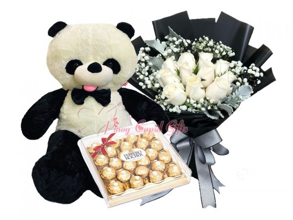 4 FT Panda Bear, 10 Imported White Roses Bouquet 24 pcs Ferrero Chocolate,