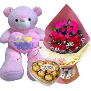 1 dozen pink roses, 4ft bear and heart ferrero chocolate