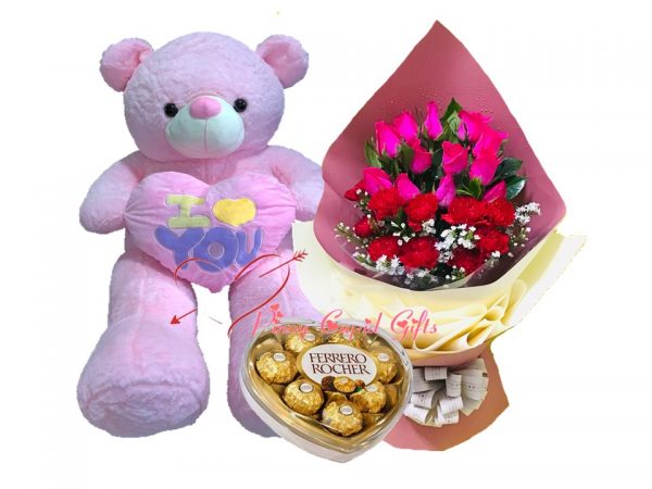 1 dozen pink roses, 4ft bear and heart ferrero chocolate
