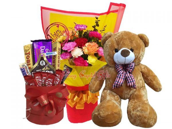 3 FT Brown Teddy Bear, Mixed Carnations Bouquet, Assorted Chocolates in a Bucket: (Toblerone 100gx2, Cadbury 165g, 1 Sneakers, 1 Hersheys' Nuggets, KitKat-8pcs, Hershey's Kisses-40g)