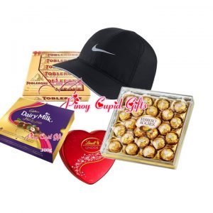 snapback hat-original, ferrero 24s, toblerone gift pack lindt heart chocolate, cadbury almonds chocolates