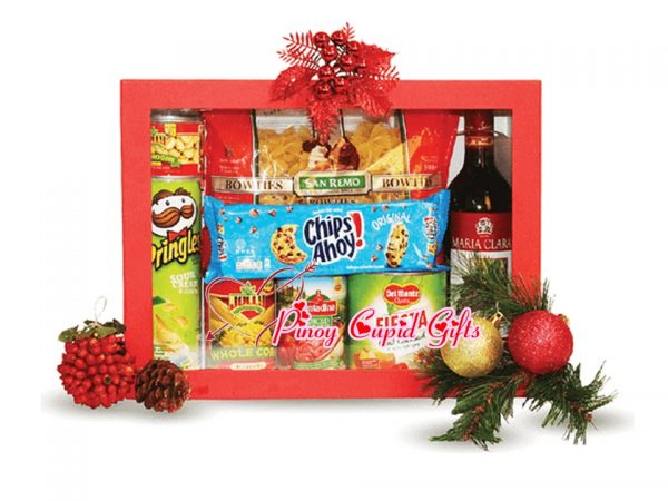 Assorted Holiday Gift Box: pasta, Tomatoes, Fruit Cocktail, Pringles, Kernel Corn, Mushroom, Cookies, Red Wine