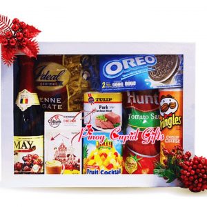 Holiday Gift Box: Pasta, Tomato sauce, Fruit Cocktail, chips, Luncheon Meat, cookies, Sparkling Juice