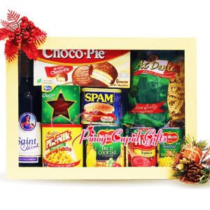 Holiday Gift Box: Fruit Cocktail, Tomato Sauce, Kernel Corn, Pasta, Spam, PikNik, Ham, cookies and Wine