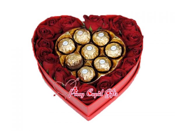 Red Roses with Ferrero Chocolate in a Heart-Box
