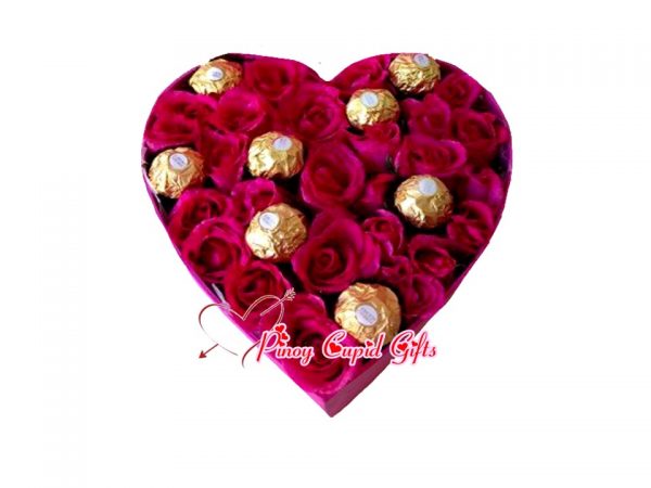 Heart Box with Pink Roses and Ferrero Chocolate