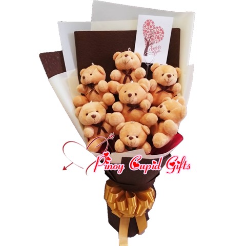 7 pcs brown mini bears in bouquet
