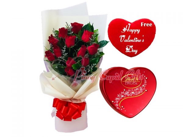 1 Dozen Red Roses, Lindt Heart Chocolate, Valentine's Pillow