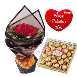 1 Dozen Red Roses, 24 pcs Ferrero Chocolate, Valentine Pillow