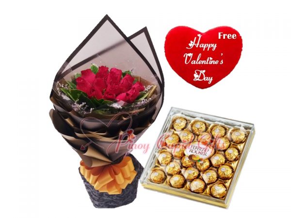 1 Dozen Red Roses, 24 pcs Ferrero Chocolate, Valentine Pillow