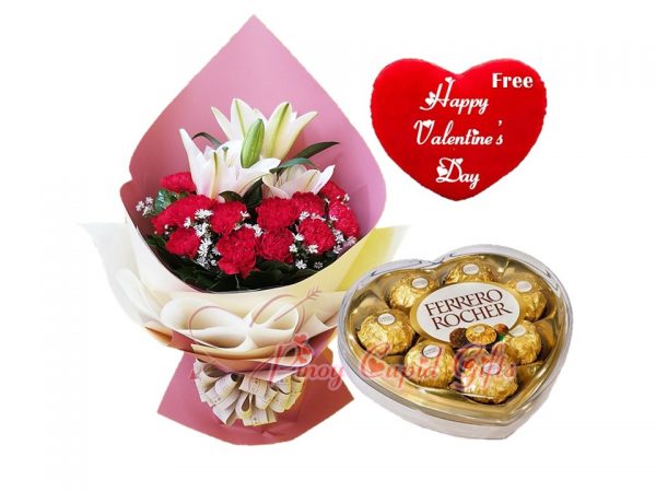 Stargazer with Red Carnations,bouquet Ferrero Heart Chocolate