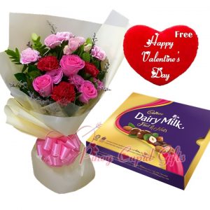 Mixed Carnations with 3 Pink Roses, Cadbury Fruits and Nuts 300g, Valentine's Pillow