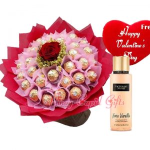 30 pcs Ferrero with 1 Red Rose Bouquet, Bare Vanilla Perfume, Valentine's Pillow Bare