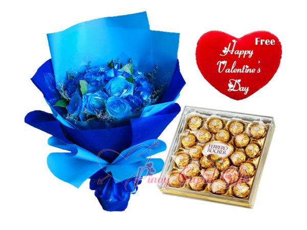 12 pcs Blue Roses Bouquet, Box of 24 pcs Ferrero Chocolate,  Valentine Pillow
