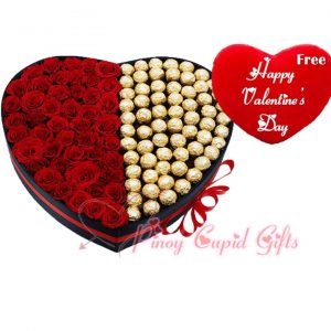 50 pcs Ferrero plus 50 Roses  in Heart Box, Valentine's Pillow