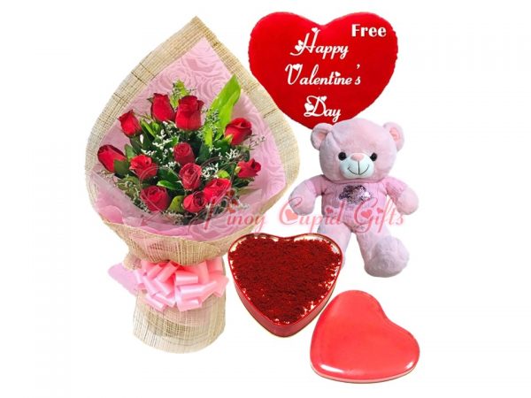 1 Dozen Red Roses, 22 inches pink  Teddy Bear, Red Velvet Heart  Cake
