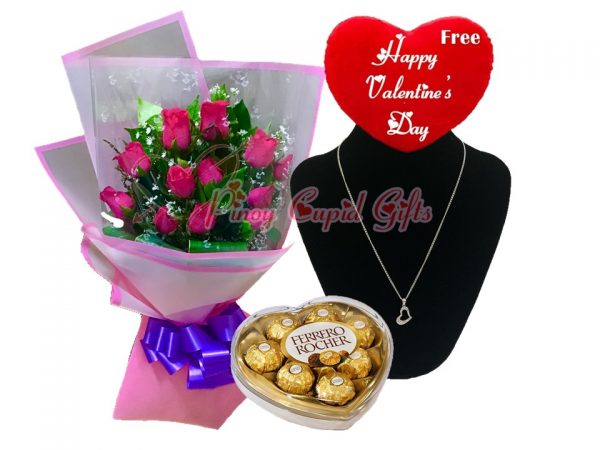 1 Dozen Pink Roses Bouquet, Heart 925 Silver Necklace, Heart Ferrero Chocolate, Valentine Pillow