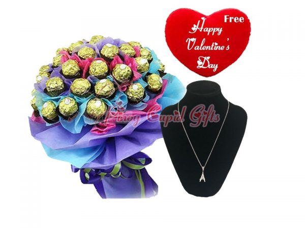 24pcs Ferrero Bouquet, Ladies Eiffel Tower Necklace, Valentine Gift
