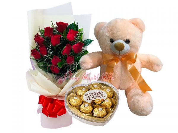 1 Dozen Red Roses Bouquet, 22 Inches Teddy Bear, Ferrero Heart Chocolate