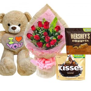 1 Dozen Red Roses Bouquet, 3 FT "I Love You" Bear, 1 Hershey's Nugget Pack,  1 Kisses Pack