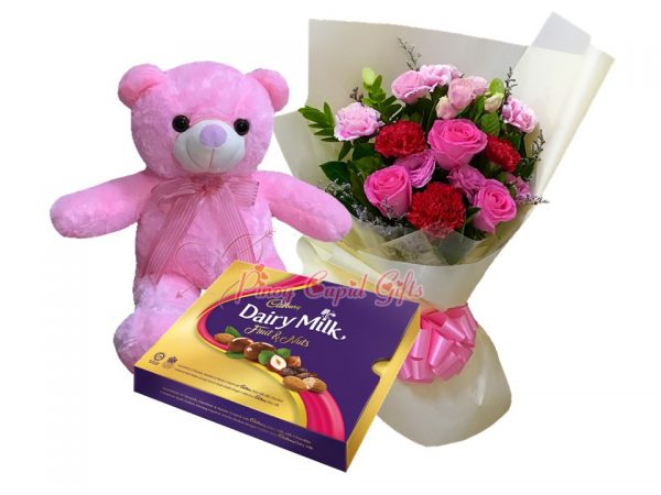 Mixed Flower Bouquet, 22 Inches Pink Bear, Cadbury Chocolate-180g