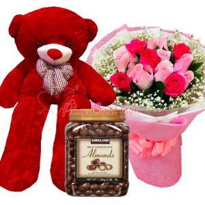 4 FT Red Teddy Bear, 20 Imported Mixed Roses Bouquet, Kirkland  Almonds Chocolate 1.36kg