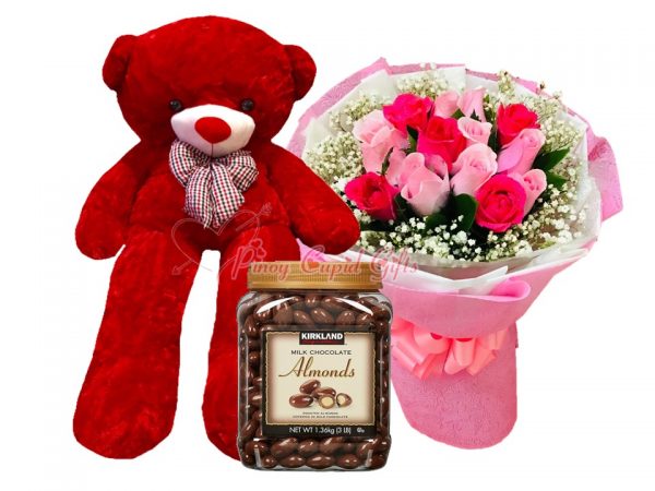 4 FT Red Teddy Bear, 20 Imported Mixed Roses Bouquet, Kirkland  Almonds Chocolate 1.36kg