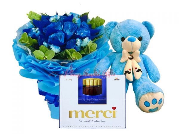 2 FT Blue Teddy Bear, 1 Dozen Blue Roses Bouquet, Merci Chocolate