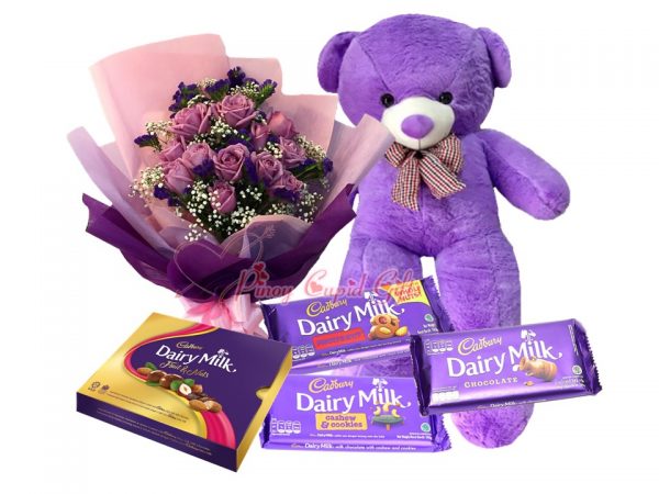 4 FT Purple Human Size Bear, 10 Imported Purple Roses, Cadbury Milk 3x165g, Cadbury Milk 180g Box