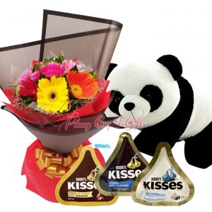 Mixed Gerberas Bouquet, 18 Inches Crawling Panda Bear, 3 Assorted Hershey's Iconic Packs 