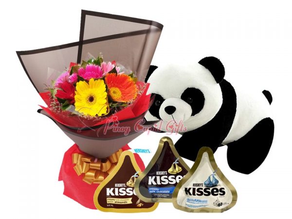 Mixed Gerberas Bouquet, 18 Inches Crawling Panda Bear, 3 Assorted Hershey's Iconic Packs 