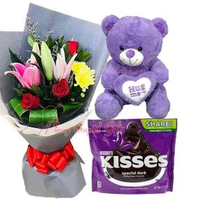 22 Inches Purple Teddy Bear, Mixed Flower Bouquet,  Kisses Special Dark Chocolate