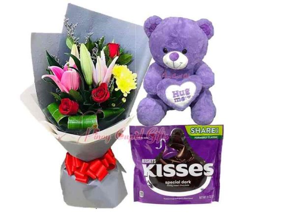 22 Inches Purple Teddy Bear, Mixed Flower Bouquet,  Kisses Special Dark Chocolate