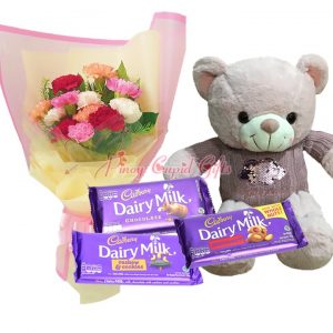 Mixed Carnations Bouquet, 22 Inches Teddy Bear, Assorted Cadbury Chocolate Bars (3x165g)