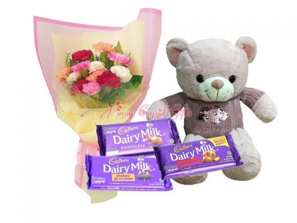 Mixed Carnations Bouquet, 22 Inches Teddy Bear, Assorted Cadbury Chocolate Bars (3x165g)