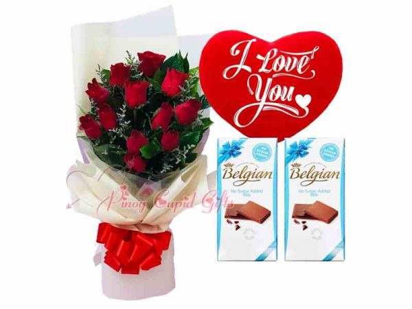 1 dozen roses, I love you pillow, Belgian No Sugar Added Milk Chocolate 100gx2