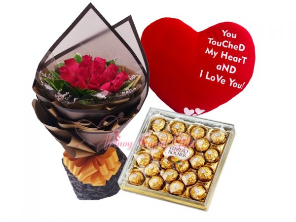 1 Dozen Red Roses Bouquet, Big Heart Pillow (22" x 18"), 24 pcs Ferrero Chocolate