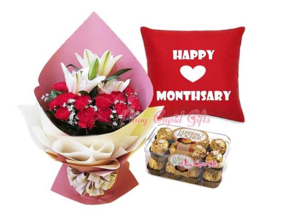 Stargazer with Red Carnations Bouquet, Ferrero Chocolate-16pcs, Happy Monthsary Pillow