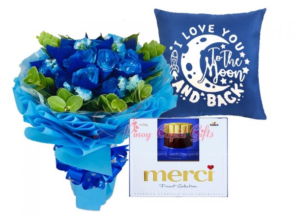 1 Dozen Blue Roses Bouquet, Merci European Chocolates, I Love You to the Moon...Pillow