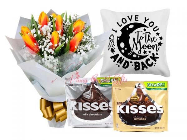 10 Orange Tulips Bouquet, Hershey's Kisses Share Pack x2, I Love You to the Moon-White Pillow
