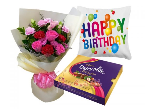 Mixed Flower Bouquet, Cadbury Chocolates-300g, Happy Birthday Pillow 