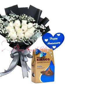 10 White Roses Bouquet, Hershey's Kisses Truffle Filled Milk Chocolate 135g Blue, "Happy Anniversary" Pillow