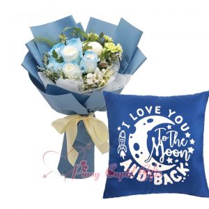 10 White Imported Roses Bouquet, Blue, "I Love You to the Moon AND Back" Pillow