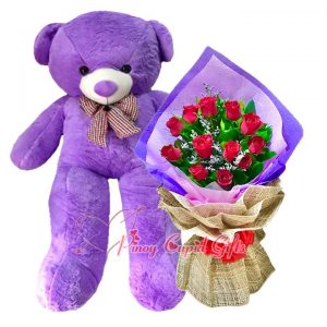 4 FT Life-Size Purple Teddy Bear+ 1 Dozen Red Roses,