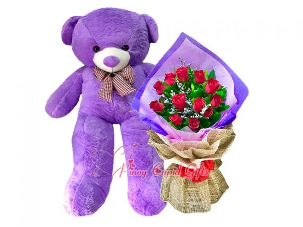 4 FT Life-Size Purple Teddy Bear+ 1 Dozen Red Roses,