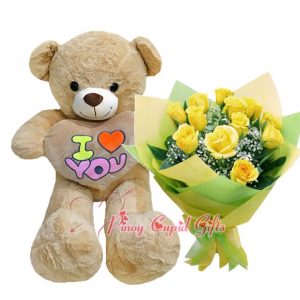 10 Imported Yellow Roses Bouquet, 3FT Brown "I Love You" Bear
