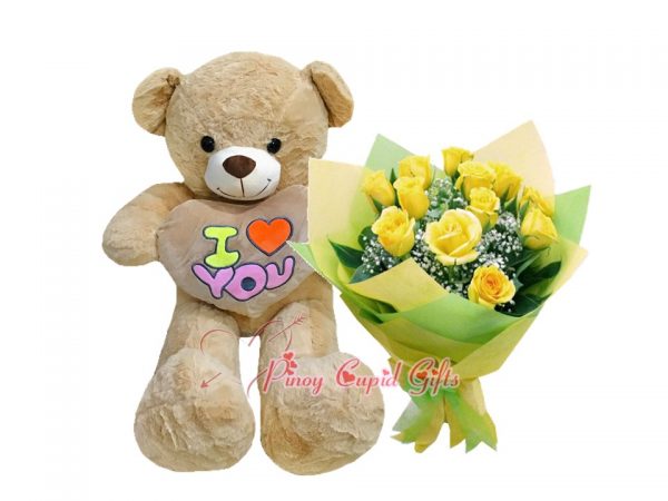 10 Imported Yellow Roses Bouquet, 3FT Brown "I Love You" Bear