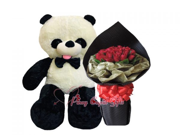 4FT Panda Bear, 2 Dozen Red Roses Bouquet