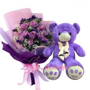 10 Purple Imported Roses Bouquet, 2FT Purple Teddy Bear