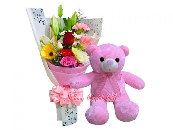 Mixed Flower Bouquet, 22 Inches Pink Teddy Bear